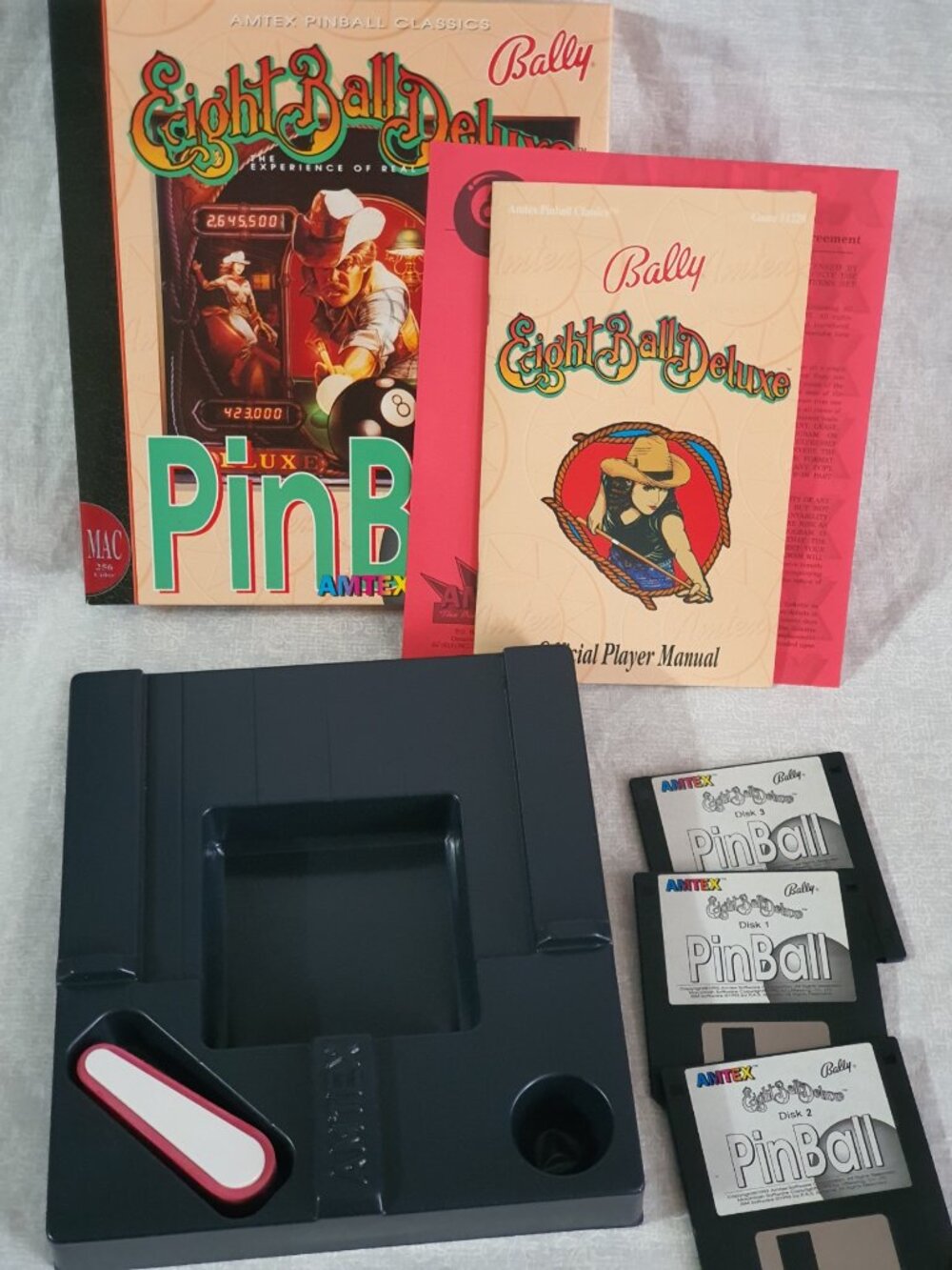 Bally Eight Ball Deluxe Pinball Game Amtex Broderbund MAC Apple Computer Big Box